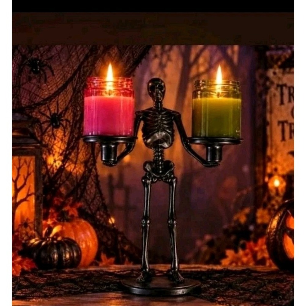 Aldi Halloween Skeleton Candelabra Pillar Gold 13" Tall Home Decor Candle Holder